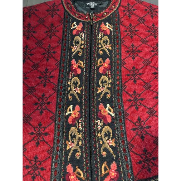 Icelandic Design Red Floral Snowflake Cardigan Sweater Winter Holiday M C-42 - Picture 4 of 5